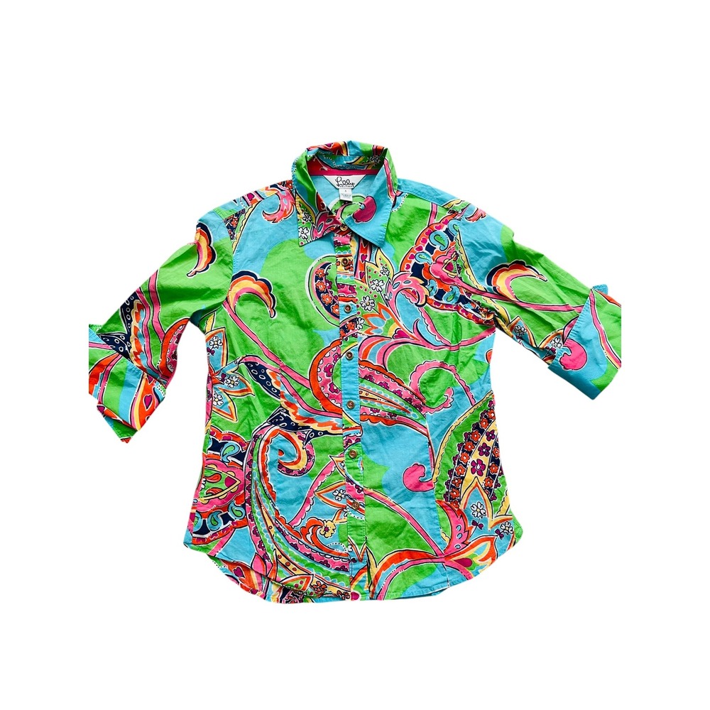 Preppy Lilly Pulitzer Paisley Button Down Shirt 4‎ Coastal Tropical Cotton Top